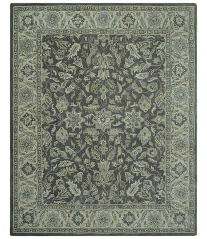 Antique Design 8x10 Charcoal and Beige Traditional Floral Hand Tufted rug