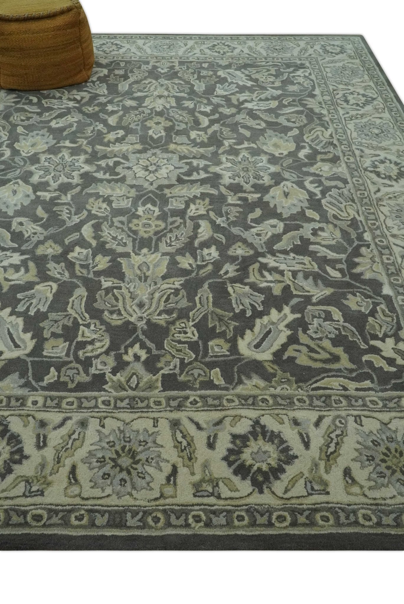 Antique Design 8x10 Charcoal and Beige Traditional Floral Hand Tufted rug