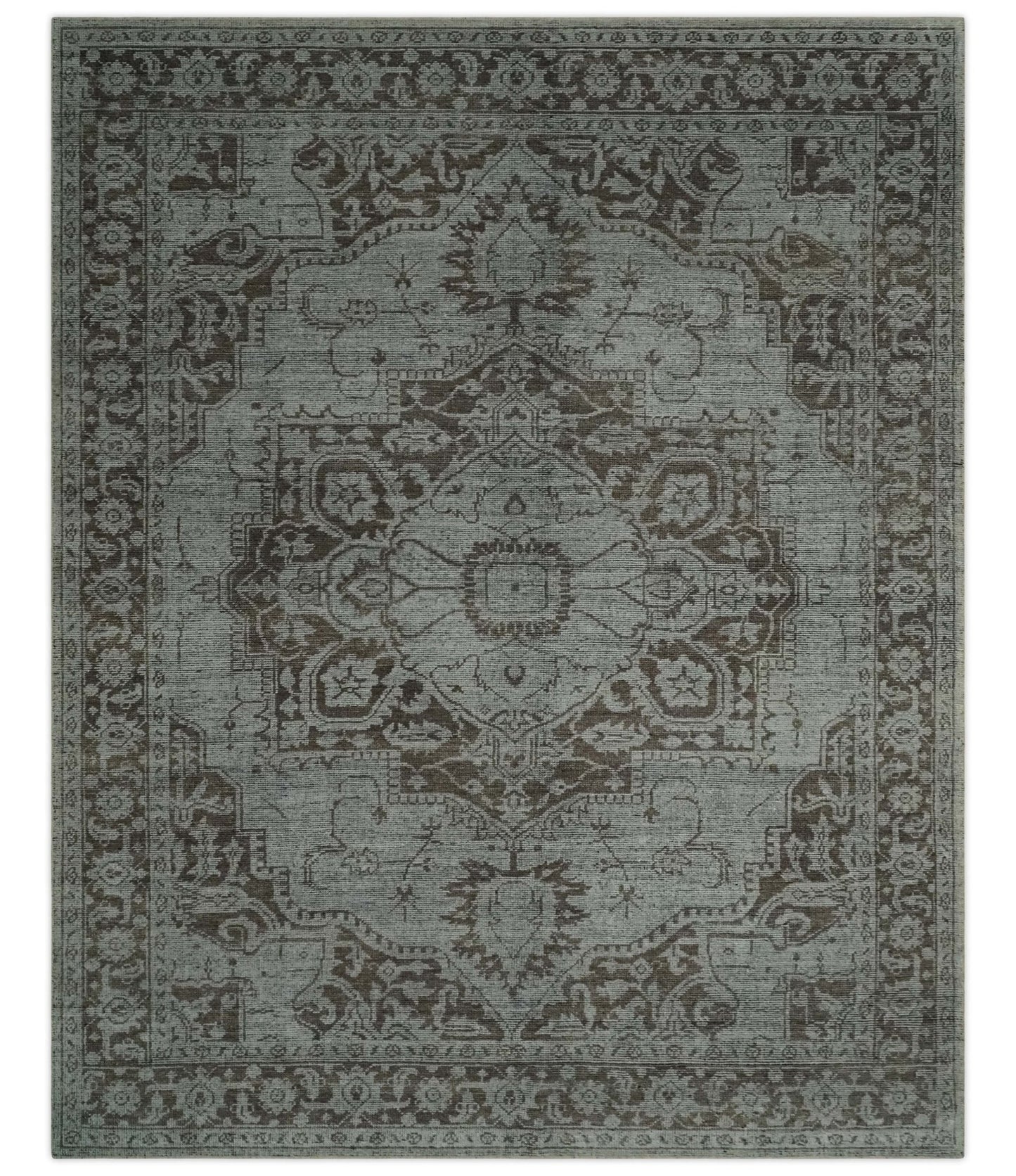 Antique Design Traditional Heriz Medallion Silver, Charcoal and Brown Hand Knotted 8x10 wool area Rug