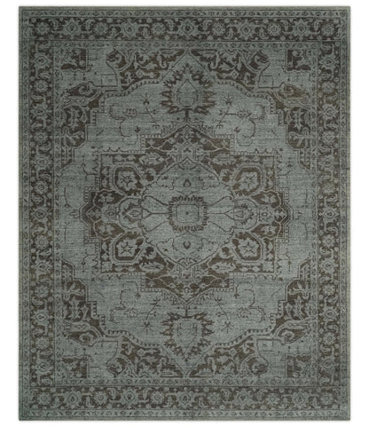 Antique Design Traditional Heriz Medallion Silver, Charcoal and Brown Hand Knotted 8x10 wool area Rug