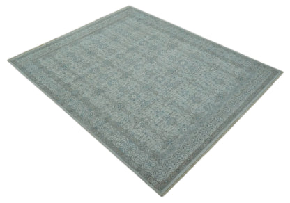 Antique Distress finish Silver, Teal and Brown Hand Knotted Traditional 8x10 wool Rug