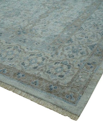 Antique Distress finish Silver, Teal and Brown Hand Knotted Traditional 8x10 wool Rug