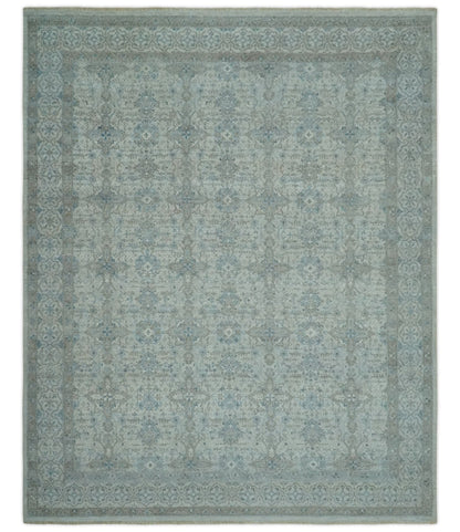 Antique Distress finish Silver, Teal and Brown Hand Knotted Traditional 8x10 wool Rug