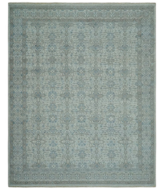 Antique Distress finish Silver, Teal and Brown Hand Knotted Traditional 8x10 wool Rug