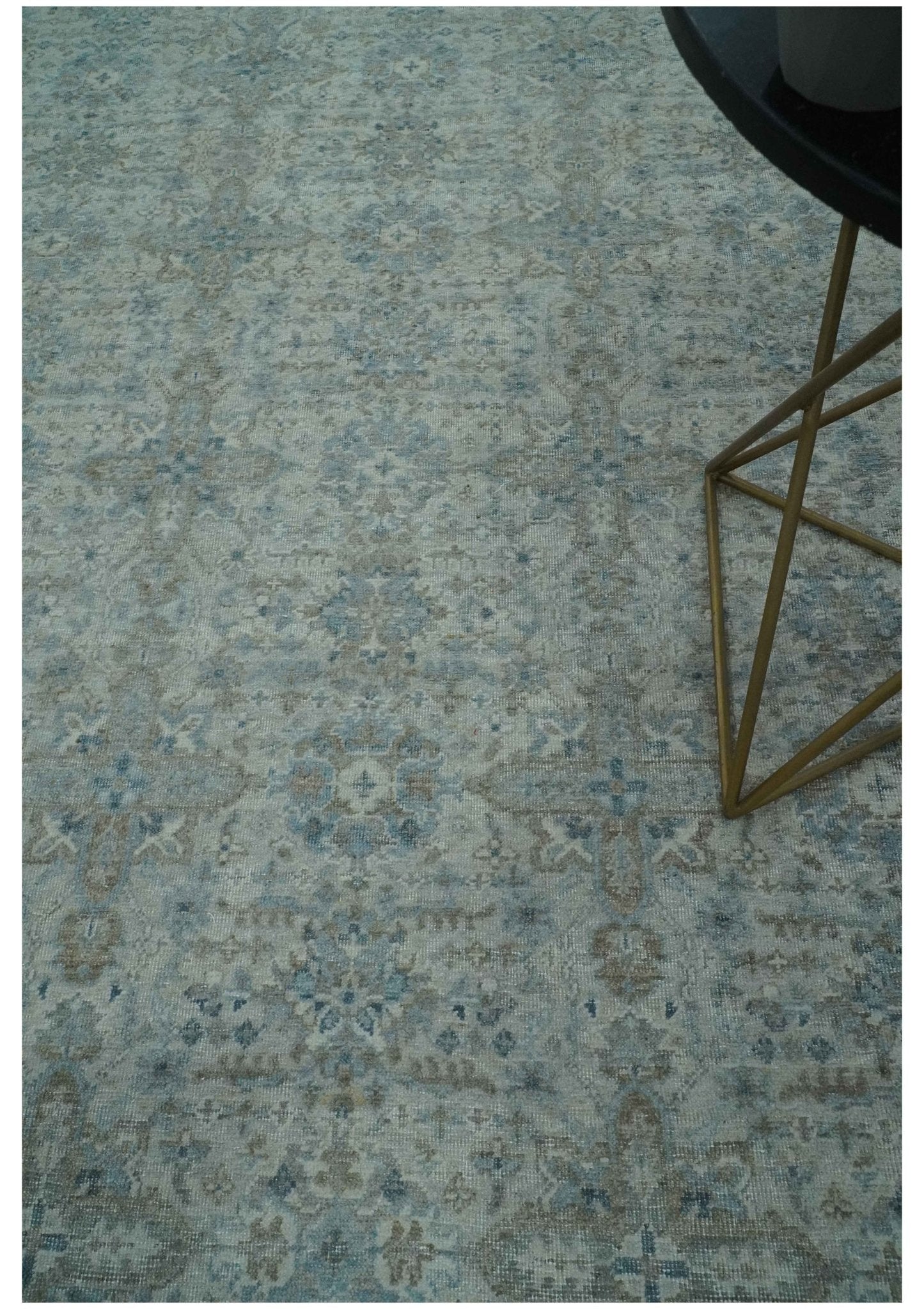 Antique Distress finish Silver, Teal and Brown Hand Knotted Traditional 8x10 wool Rug