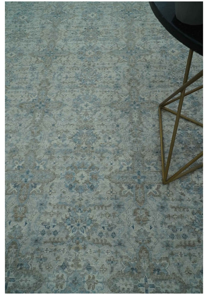Antique Distress finish Silver, Teal and Brown Hand Knotted Traditional 8x10 wool Rug