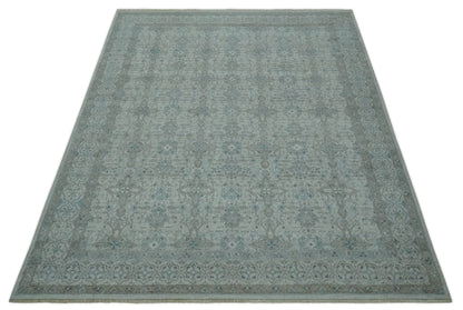 Antique Distress finish Silver, Teal and Brown Hand Knotted Traditional 8x10 wool Rug