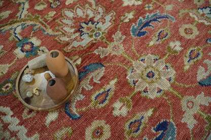 Antique Floral Style Rust, Teal, Ivory and Olive Hand Knotted Oriental Oushak 8x10 Wool Area Rug