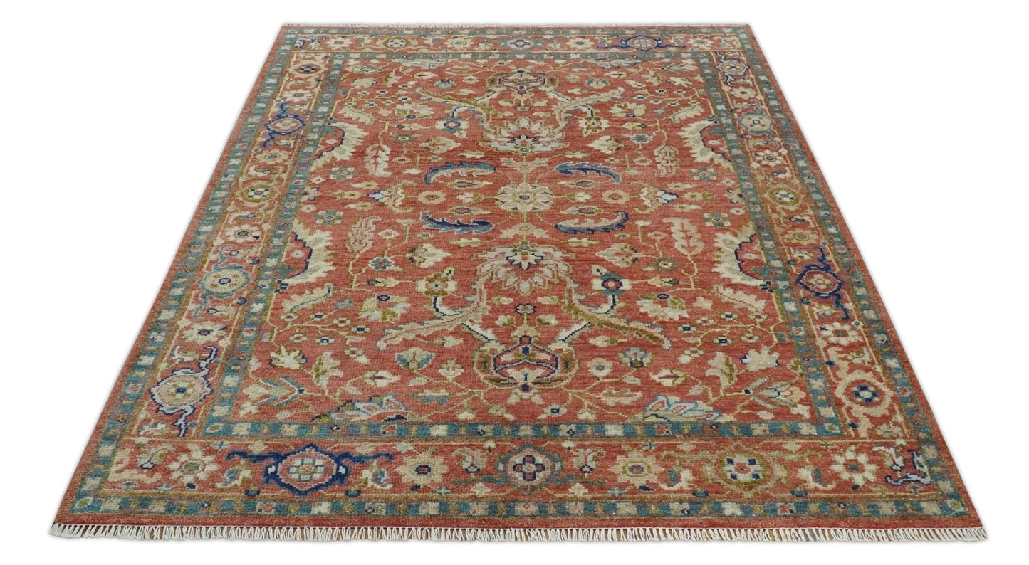 Antique Floral Style Rust, Teal, Ivory and Olive Hand Knotted Oriental Oushak 8x10 Wool Area Rug