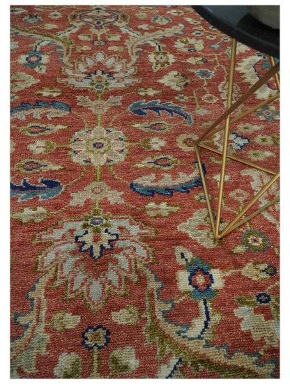 Antique Floral Style Rust, Teal, Ivory and Olive Hand Knotted Oriental Oushak 8x10 Wool Area Rug