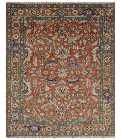 Antique Floral Style Rust, Teal, Ivory and Olive Hand Knotted Oriental Oushak 8x10 Wool Area Rug
