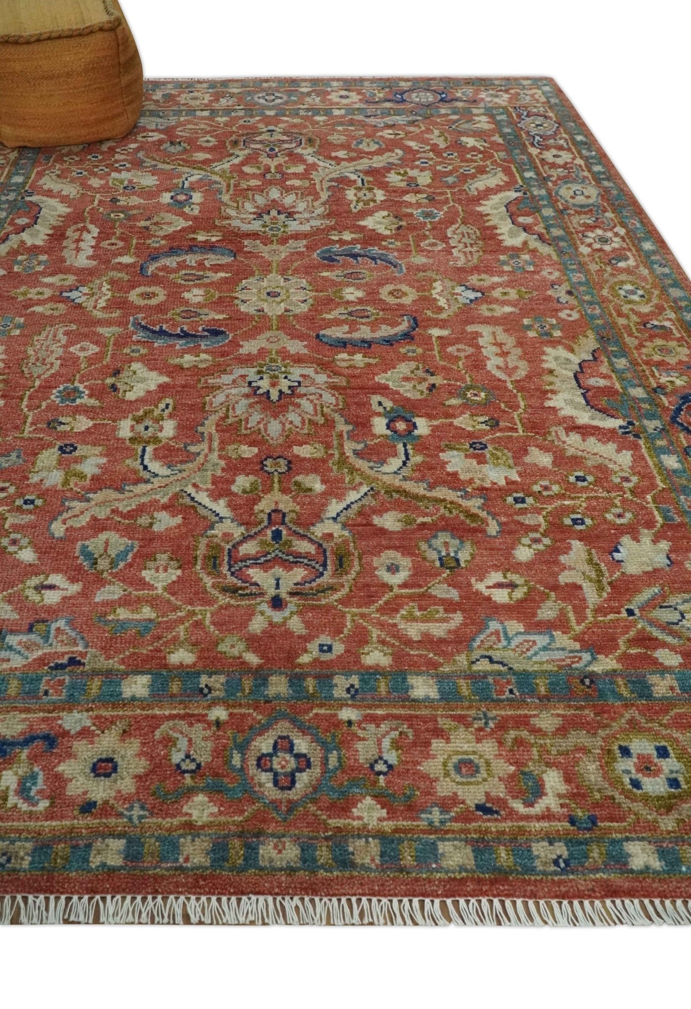 Antique Floral Style Rust, Teal, Ivory and Olive Hand Knotted Oriental Oushak 8x10 Wool Area Rug
