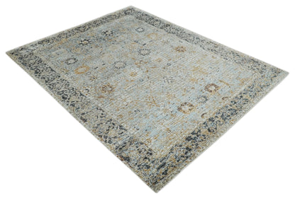 Antique look Aqua, Gold and Charcoal Hand Knotted Carved Texture Traditional Oriental Oushak 8x10 wool Area Rug