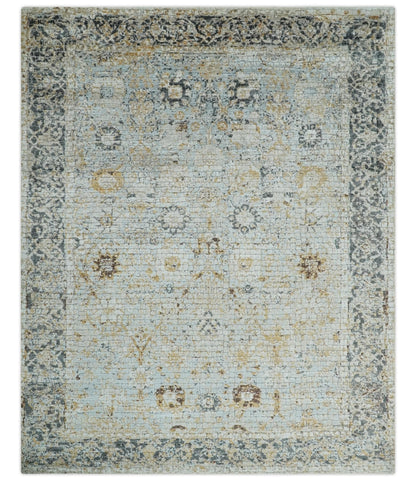 Antique look Aqua, Gold and Charcoal Hand Knotted Carved Texture Traditional Oriental Oushak 8x10 wool Area Rug