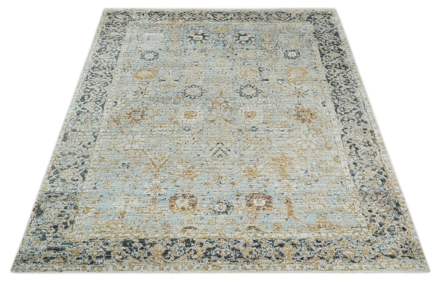 Antique look Aqua, Gold and Charcoal Hand Knotted Carved Texture Traditional Oriental Oushak 8x10 wool Area Rug