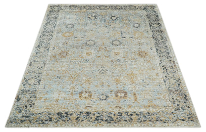 Antique look Aqua, Gold and Charcoal Hand Knotted Carved Texture Traditional Oriental Oushak 8x10 wool Area Rug