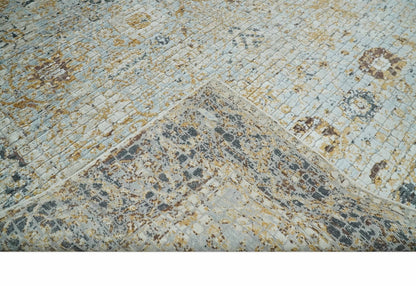 Antique look Aqua, Gold and Charcoal Hand Knotted Carved Texture Traditional Oriental Oushak 8x10 wool Area Rug