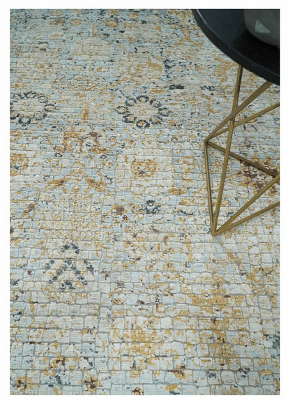 Antique look Aqua, Gold and Charcoal Hand Knotted Carved Texture Traditional Oriental Oushak 8x10 wool Area Rug