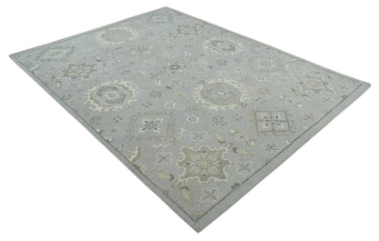 Antique Muted Silver Rug 8x11 Hand Knotted Turkish Silver, Beige and Brown Traditional Antique Persian Low Pile Area Rug