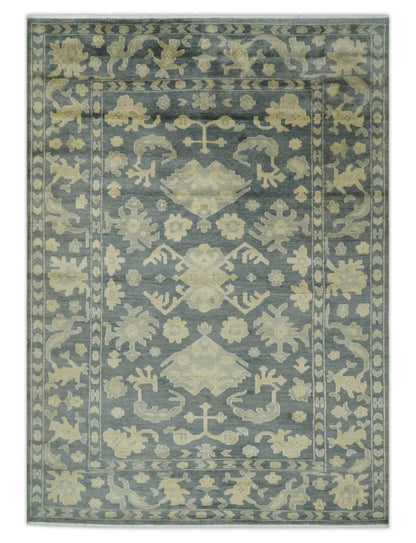 Antique Style 6x9 Hand Knotted Beige and Charcoal Traditional Wool Rug | N35669