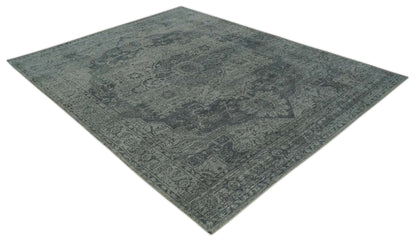 Antique Style Charcoal and Silver Traditional Heriz Medallion 8x10 wool Area Rug