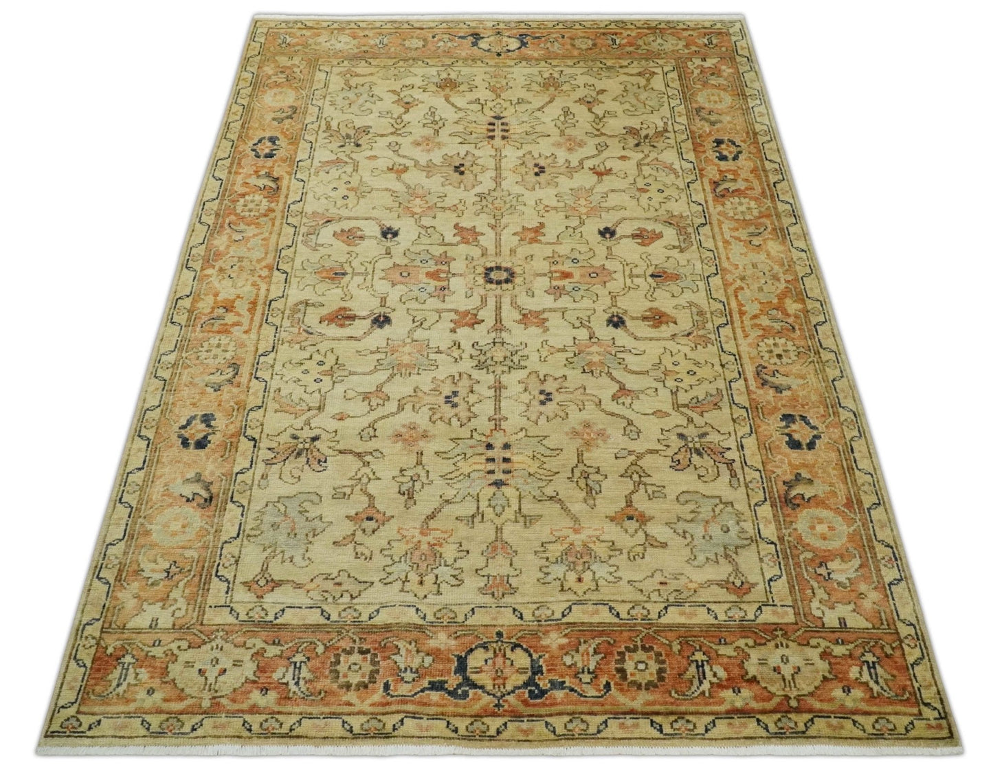 Antique Style Empress Tabriz 6x8 Hand Knotted Beige and Rust Modern Traditional Wool Rug | N35368