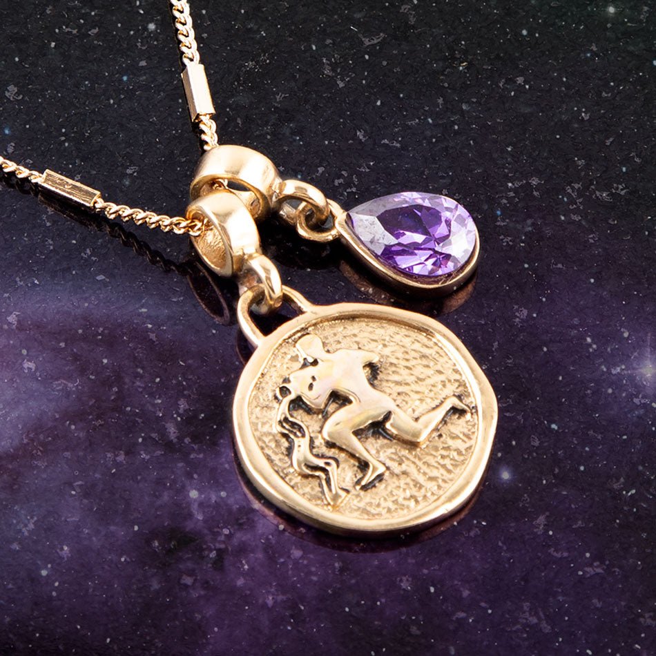 Aquarius - Zodiakalny fioletowy ametyst naszyjnik z złotym zawieszką