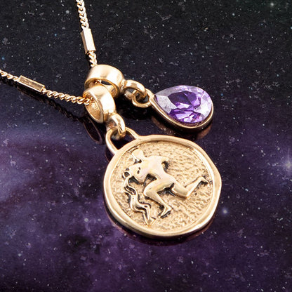 Aquarius - Zodiakalny fioletowy ametyst naszyjnik z złotym zawieszką
