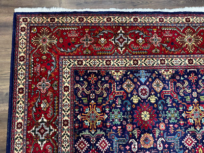 Large Persian Tabriz Rug 10x16, Navy Blue and Red, Allover Pattern, Vintage Hand Knotted Wool Carpet
