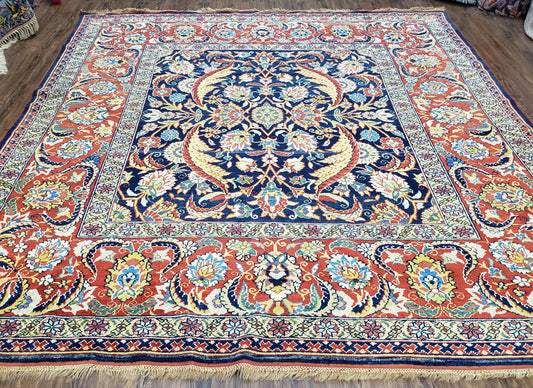 Square Turkish Mahal Rug 8 x 8.5, Colorful Square Carpet, Large 8ft Square Rug, Blue Red Yellow, Handmade Wool, Vintage, Large Flowers, Nice
