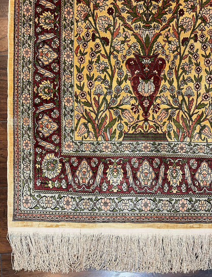 Wonderful Silk Turkish Hereke Prayer Rug 2.8 x 4.5, Tree of Life Design, Signature from Master Weaver, Gold and Burgundy, Handmade, 625 KPSI
