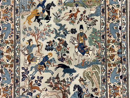 Persian Kashan Pictorial Rug 4.6 x 7, Hunting Scene, SIgned by Masterweaver, Animal Pictorials, Rare, Handmade, Wool, Vintage, Very Fine