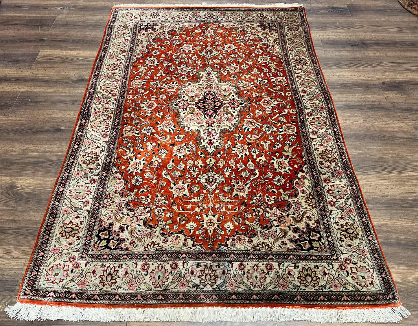 Persian Qum Silk Rug 5x7 - Floral Medallion, Birds, Orange-Red