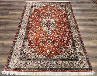 Persian Qum Silk Rug 5x7 - Floral Medallion, Birds, Orange-Red