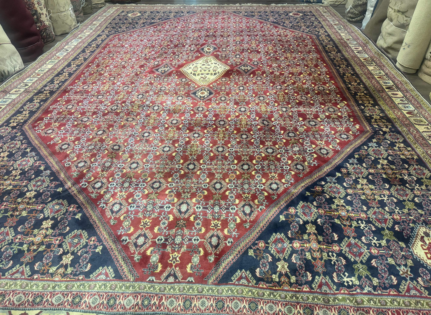 Palace Size Persian Shiraz Rug 13x19, Tribal Rug, Herati Pattern, Brick Red Navy Blue Beige, Oversized Persian Wool Area Rug, Extra Large