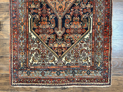 Antique Persian Runner Rug 3.7 x 15.8, Navy Blue Multicolor, Hand Knotted Handmade Wool Rug for Hallway, Geometric Medallions, Persian Hamadan Rug