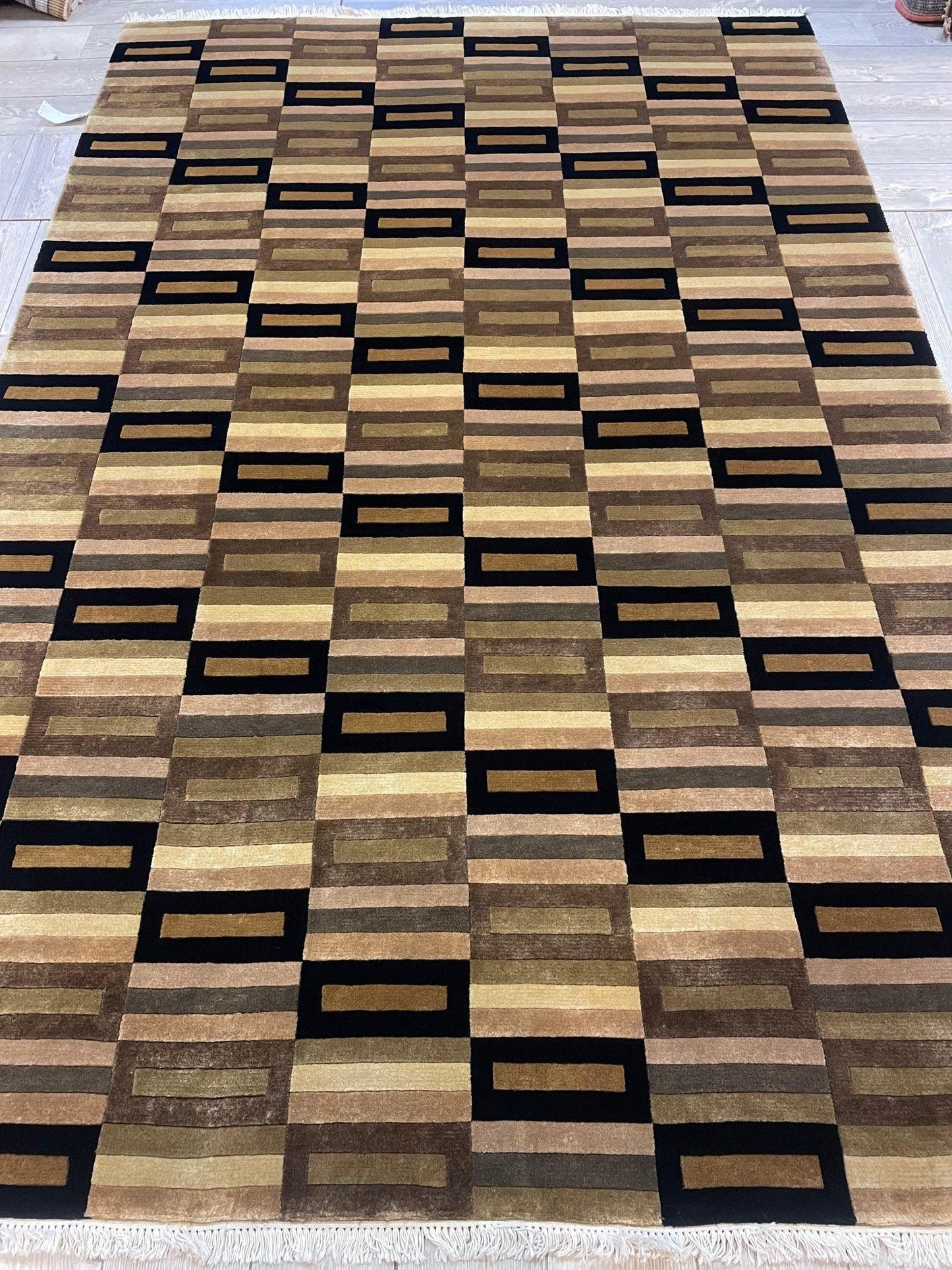 Hermosa alfombra de área geométrica nepalí anudada a mano 6x9 pies