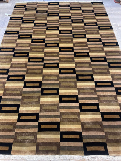 Hermosa alfombra de área geométrica nepalí anudada a mano 6x9 pies