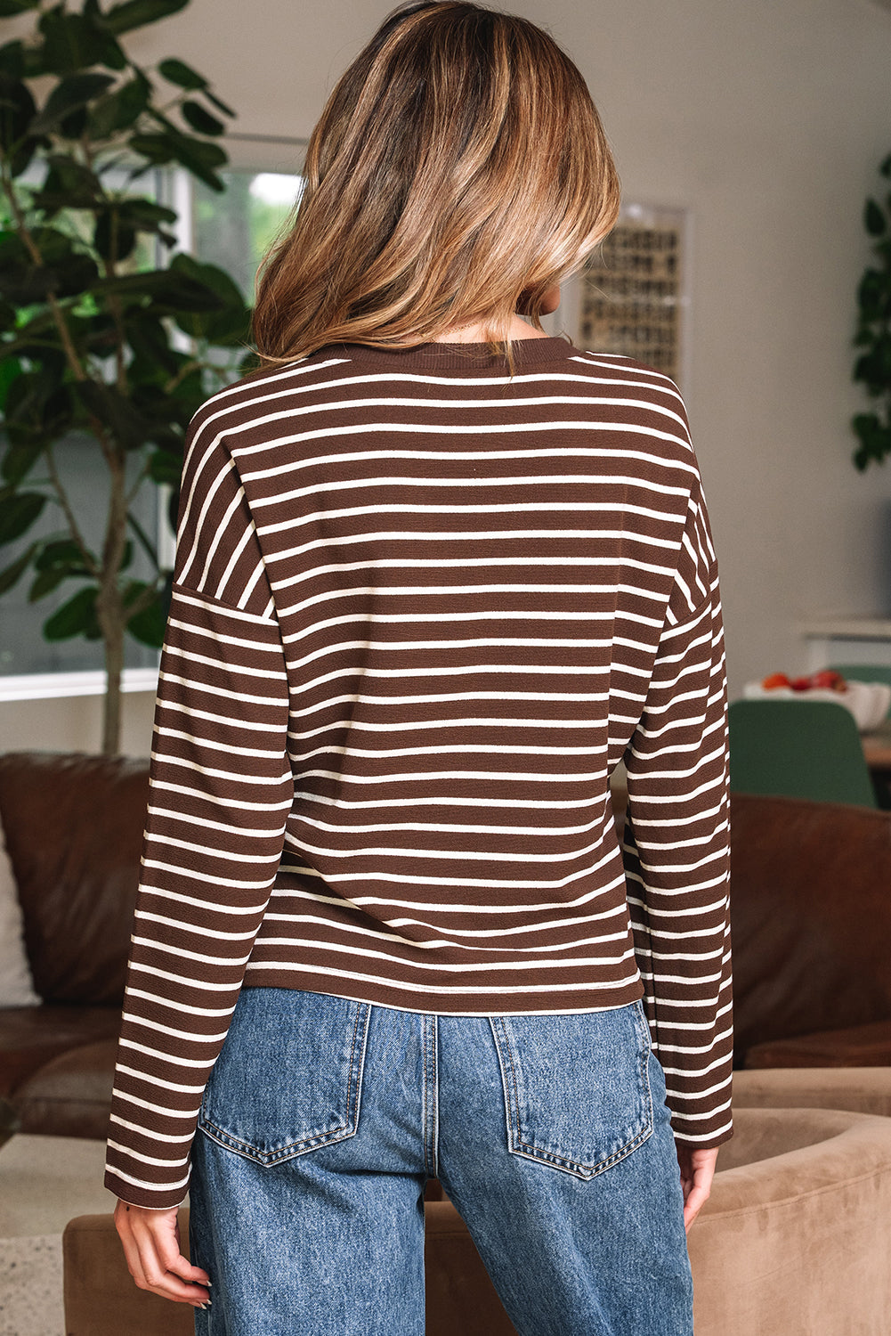 Ember Stripe Geripptes Kurzgeschnittenes Rundhals-Top