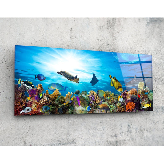 Arte de pared de vidrio marino submarino con tortuga en arrecife de coral