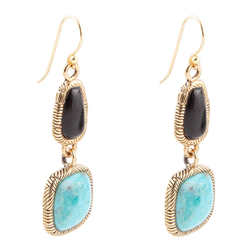 Orecchini a goccia in bronzo dorato con onice nero e turchese blu