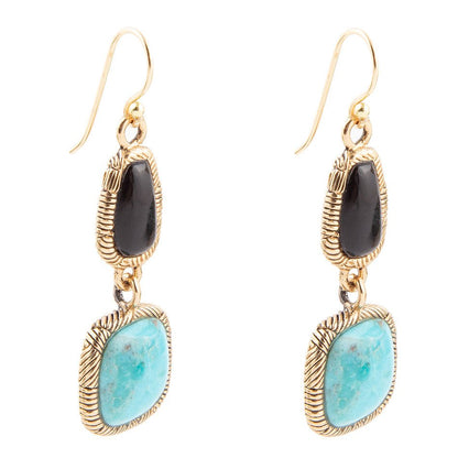 Orecchini a goccia in bronzo dorato con onice nero e turchese blu