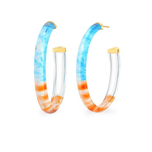 XL Oval Tie Dye Lucite Hoop Earrings in Blue & Orange