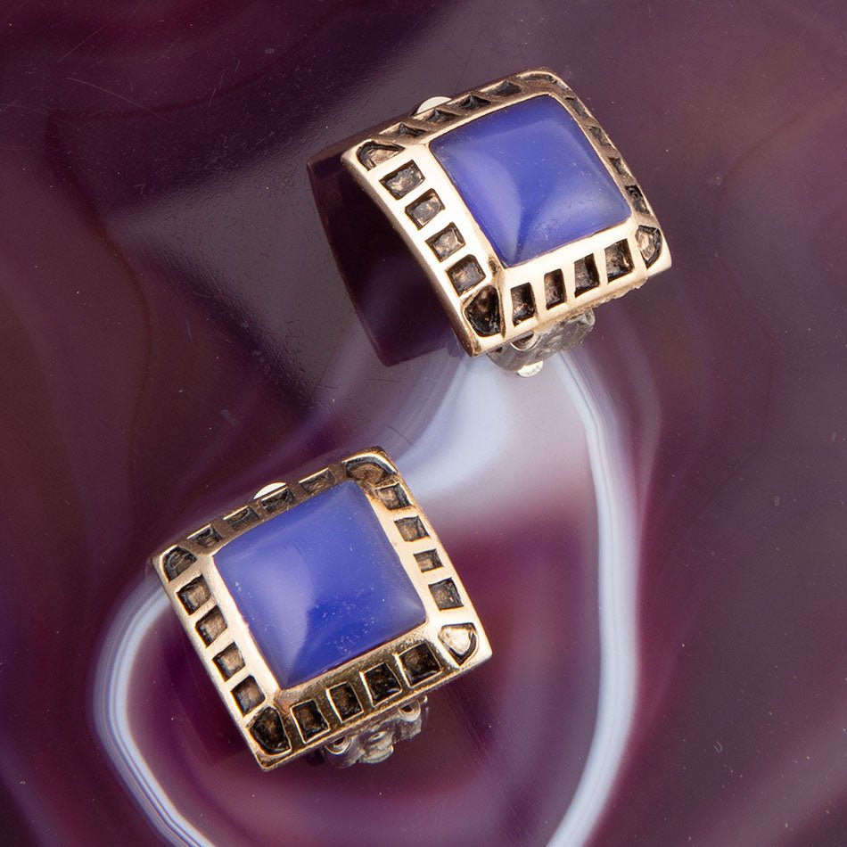 Boucles d'oreilles à clip doré en agate bleue
