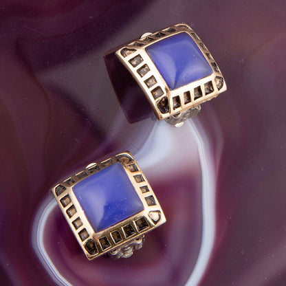 Boucles d'oreilles à clip doré en agate bleue