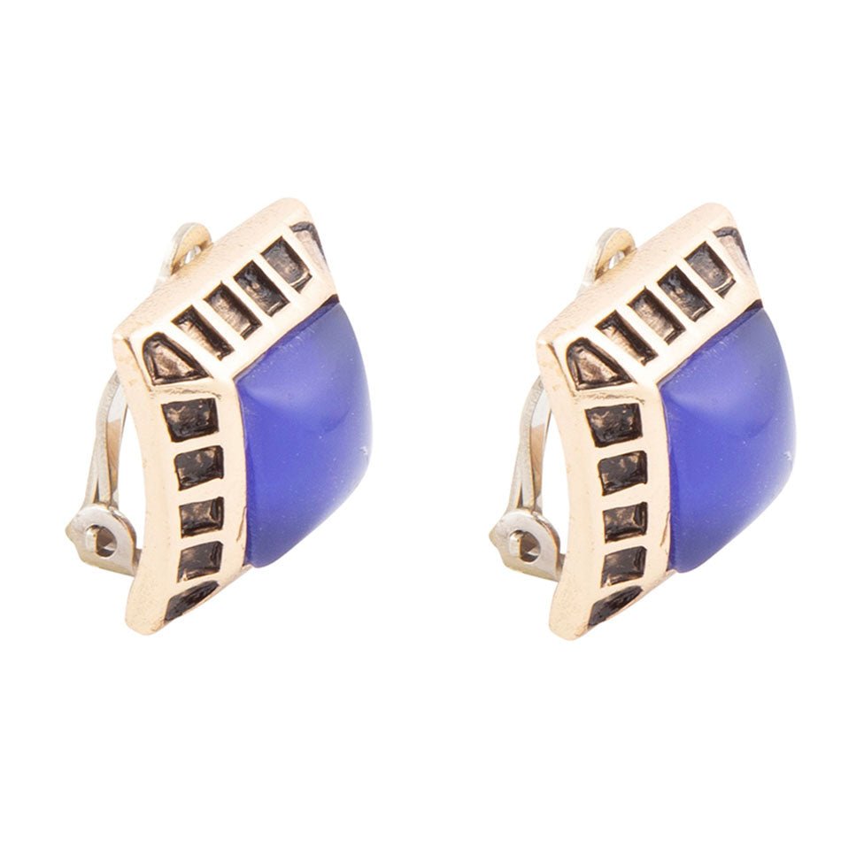 Boucles d'oreilles à clip doré en agate bleue
