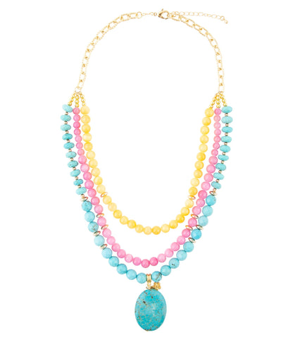 St. Augustine Pink Agate and Blue Turquoise Golden Pendant Necklace