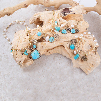 Blue Turquoise and White Pearl Multi Charm Golden Charm Earrings