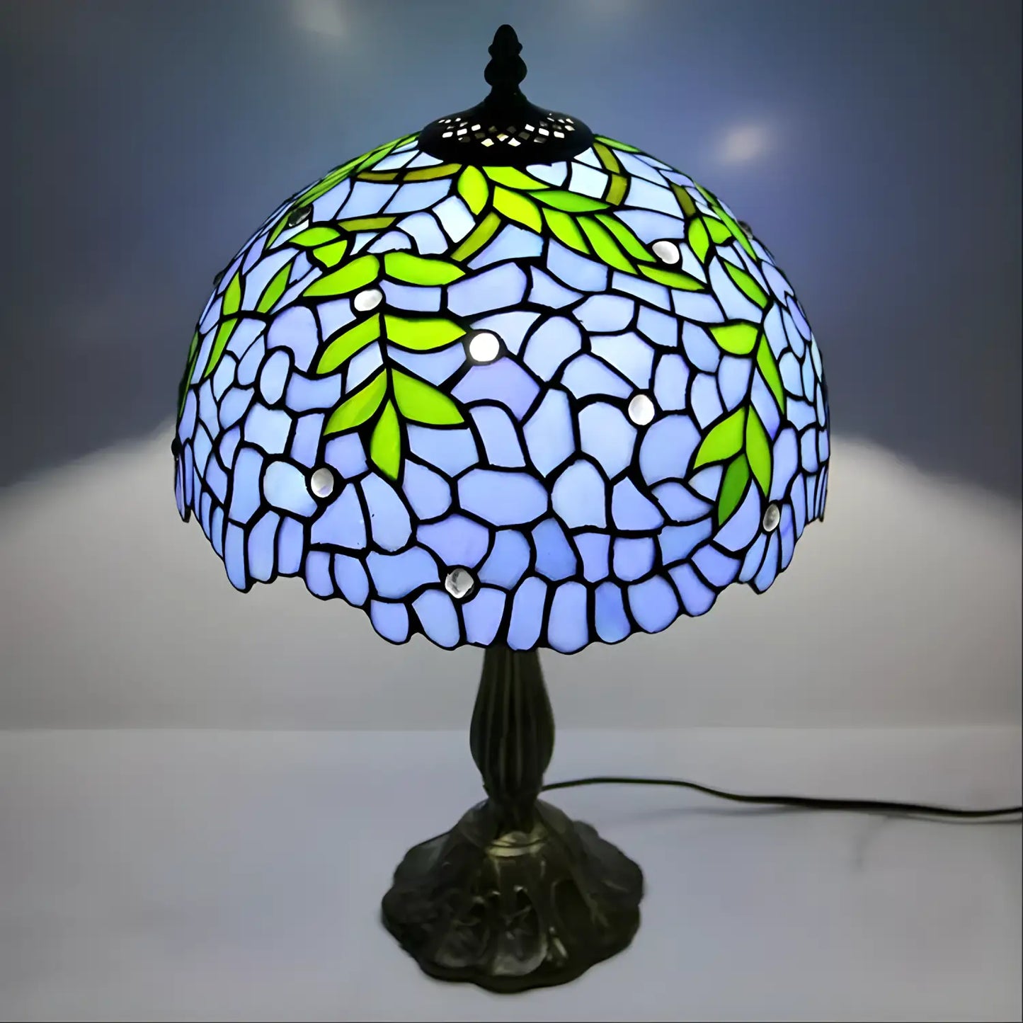 Blå Wisteria Glas Tiffany Lampa Äkta