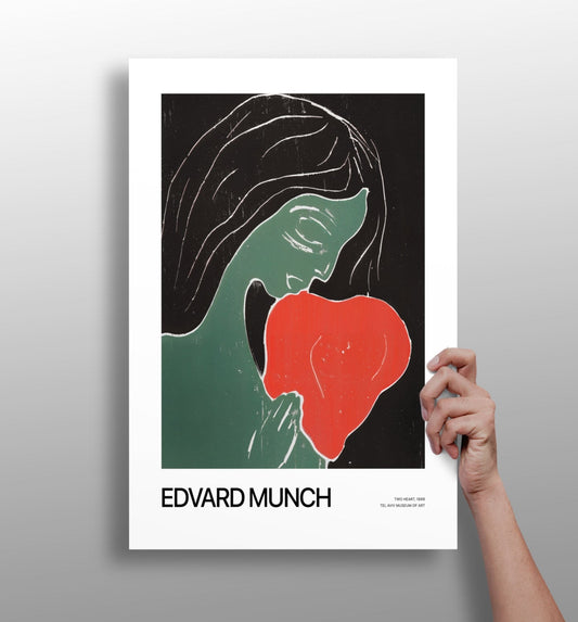 Munch Zielona Figura Trzymająca Czerwone Serce, Druk na Aluminium